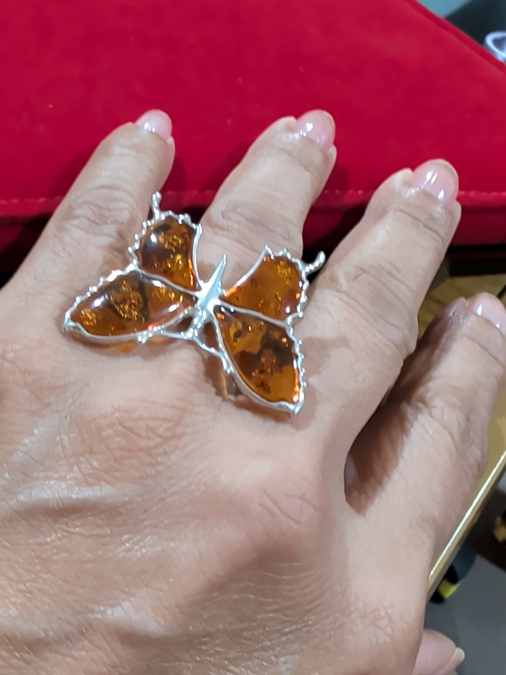 925 Sterling Silver Amber Butterfly Ring Size 8